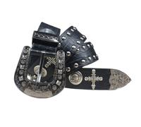 AGUTALITHIC Studded Embossed Belt Crocodile Pattern Strap with Engraved Punk Rock Skull Head Cross Round Rivet for Women Men(105cm/41, Black)
