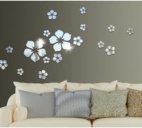 Agvdg 18 Pcs Wall Stickers Decor Kitchen Bathroom Wall Art Cherry Blossom Acrylic Wall Stickers Silver Foil Mirror Stickers 3D Three-Dimensional Flowers Wall Decoration Art Stickers