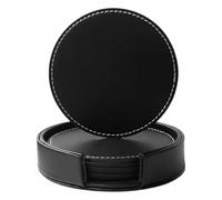 Agvdg 5 Packs Coasters Pu Leather Round Non-Slip with Silicone Coaster Holder Set for Cup Drinks Coffee Beer Pub Tea Mug Garden Tables Bar Wine Drink Glasses Glass Bottles Black.