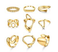 Agvdg 9 Pack 18K Gold Plated Adjustable Stackable Rings Set Statement Chunky Geometric Open Rings Anti-Fade Hypoallergenic Gold Jewellery Gift for Women Office Night Out Holiday