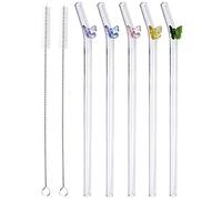 Agwuoetr 5 Pcs Reusable Glass Straws,Colorful Butterfly on Clear Straws with Design Shatter Bent Drinking Straws