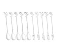 Agwuoetr 5Spoon+5Forks Stainless Steel Leaf Coffee Cake Spoon Fork Dessert Spoons, Stirring Teaspoon Set Silver