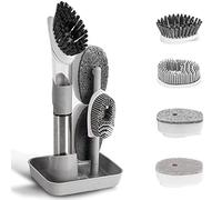 Agwuoetr Dish Cleaning Brush-Soap Dispensing Dish Brush Set & 4 Replacement Heads Storage Holder for Dish Pot Pan Sink-Grey