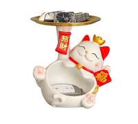 Agwuoetr Fortune Cat Statue, Creatives Cute Fortune Cat Tray, Resin Fortune Cat Statue with Dish, Fortune Cat Key Storage Tray A