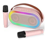 Agwuoetr Mini Karaoke Machine, Portable Bluetooth Speaker Set with 2 Wireless Microphone with LED Lights (Pink) Easy Install