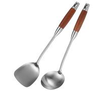 Agwuoetr Stainless Steel Spatula for Carbon Steel, Stainless Steel Wok Spatula Metal, Wok Tools Set, Wooden Handle Soup Ladle Reusable