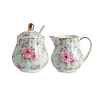Agyiuns Ceramic Sugar and Creamer Set, 3 Piece Set with Cream Pitcher, Sugar Bowl, Sugar Set with Lid and Spoon (Green)