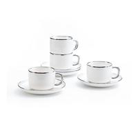 Agyiuns Tea Cups and Saucers with Silver Trim, 6.76 Ounce White Porcelain Tea Set & Coffee Cups for Latte, Cafe Mocha - Set of 4, Porcelain Mugs for Kitchen or Cafe (White and Silver)