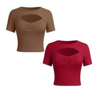 AGYMNX 2 Pieces Women T-Shirts Round Neck Short Sleeve Slim Sexy Neckline Top Blouse Ladies Short Sleeve T-Shirt Basic Summer Tops Y2K Casual Round Neck T-Shirt Streetwear Brown, Burgundy S