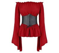 AGYMNX Medieval Clothing Women's Gothic Vintage Blouse Long Sleeve Off Shoulder Pirate Blouse Victorian Renaissance Costume, red, XXL