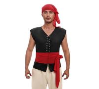 AGYMNX Men Pirate Costume Adult Medieval Shirt Vest + Turban + Belt 3 Pieces Pirate Outfit Halloween Costume Role Play Carnival Cosplay Parties Black XXL
