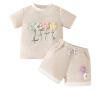 AGYMNX Unisex Baby Summer Clothes Set Top + Short 2Pcs Outfits 3D Flower Decoration Toddler Clothing Sets for 9M-4Y Boys and Girls Almond 12-18M