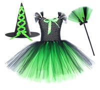 AGYMNX Witch Green Costume Kids Halloween Costume for Girls Dress + Hat + Broom 3 Pieces for 2-12 years Kids Girl Carnival Halloween Cosplay Black Green 8-9Years