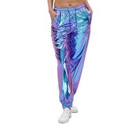 AGYMNX Women Metallic Shiny Pants with Drawstring Jogger Casual Holographic Colour High Waisted Metallic Pants Drawstring with Pockets Disco Hip Hop Theme Party Laser Blue L