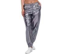 AGYMNX Women Metallic Shiny Pants with Drawstring Jogger Casual Holographic Colour High Waisted Metallic Pants Drawstring with Pockets Disco Hip Hop Theme Party Grey L