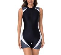 AGYMNX Women Swimsuit One Piece Sport Swimming Costume Tummy Control with Bra Pads Ladies Sleeveless Sports Swimsuit 1/2 Zip Skinny Surf Swimwear Black Grey White M