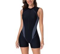 AGYMNX Women Swimsuit One Piece Sport Swimming Costume Tummy Control with Bra Pads Ladies Sleeveless Sports Swimsuit 1/2 Zip Skinny Surf Swimwear Black Grey XS