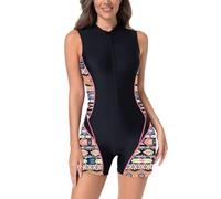 AGYMNX Women Swimsuit One Piece Sport Swimming Costume Tummy Control with Bra Pads Ladies Sleeveless Sports Swimsuit 1/2 Zip Skinny Surf Swimwear Black Geometric M