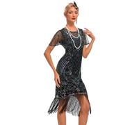 AGYMNX Women's 1920's Flapper Dresses Round Neck Short Sleeve Sparkle Sequins Fringe Great Gatsby Vintage Tassel Party Wedding Cocktail Evening Gown Midi Dress Black Silver XL