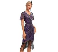 AGYMNX Women's 1920's Flapper Dresses Round Neck Short Sleeve Sparkle Sequins Fringe Great Gatsby Vintage Tassel Party Wedding Cocktail Evening Gown Midi Dress Purple XXL