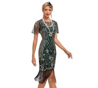 AGYMNX Women's 1920's Flapper Dresses Round Neck Short Sleeve Sparkle Sequins Fringe Great Gatsby Vintage Tassel Party Wedding Cocktail Evening Gown Midi Dress Green L