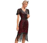 AGYMNX Women's 1920's Flapper Dresses Round Neck Short Sleeve Sparkle Sequins Fringe Great Gatsby Vintage Tassel Party Wedding Cocktail Evening Gown Midi Dress Red L