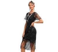 AGYMNX Women's 1920's Flapper Dresses Round Neck Short Sleeve Sparkle Sequins Fringe Great Gatsby Vintage Tassel Party Wedding Cocktail Evening Gown Midi Dress Black L