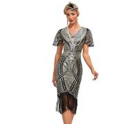 AGYMNX Women's 1920's Flapper Dresses Round Neck Short Sleeve Sparkle Sequins Fringe Great Gatsby Vintage Tassel Party Wedding Cocktail Evening Gown Midi Dress Silver M
