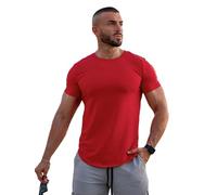 AHA SELECTED Men's T-Shirt Kore Curved Hem T-Shirt Muscle Fit Crew Slim Fitness Round Neck, Red, Medium