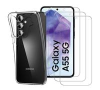 AHABIPERS Clear Phone Case for Samsung Galaxy A55 5G Case + 3 Tempered Glass Screen Protector(HD Clarity Bubble-Free Installation), Slim Soft TPU Anti-Scratch Silicone Cover