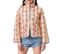 Ahafeni Women Floral Quilted Puffer Jacket Cropped Lightweight Patchwork Vintage Padded Short Coat Outerwear (Pink, S)