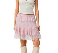 Ahafeni Women Lace Half Slip Skirt Y2k Ruffle Midi Rise Underskirt Ladies Layered Pleated Flowy Mini Skirt (UK, Alpha, L, Regular, Pink)