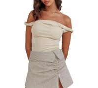 Ahafeni Women Off Shoulder Top Strapless Sleeveless Twist Strap Shirts Slim Fit Stretch Ruched Going Out Y2k Blouse (Ivory, L)