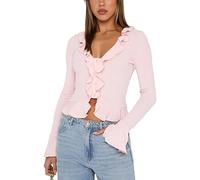Ahafeni Women's Ruffle V Neck Button Down Shirt Ladies Slim Fit Bell Long Sleeve Blouse Y2K Going Out Crop Top Streetwear (Pink, L)