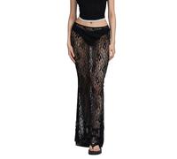 Ahafeni Womens Sheer Lace Maxi Skirt Summer Beach Cover-ups Y2k Long Skirts (Black, M)