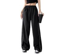 Ahafeni Women's Y2k Track Pants Baggy Cargo Trousers Elastic Waist Wide Leg Parachute Pants Fashion Grunge Clothes (UK, Alpha, S, Regular, Regular, Black)