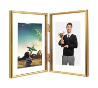 AhaGo Folding Dual Frame, Double Gold Floating Picture Frame With Hinge, 5"×7", Vertical, Tabletop Use, Classy For Festival, Wedding, Birthday, Home or Office Décor