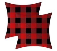 AHAHM Set of 2 Red and Black Farmhouse Buffalo Check Plaid Throw Pillow Covers Decorative Indoor Outdoor Cushion Cover Polyester Linen for Christmas Home Decor Burgundy Black,16 x 16 Inches