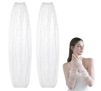 AHANDMAKER 1 Pair Long Wedding Tulle Gloves, White Pearl Arm Sleeves Removable Mesh Puff Sleeve Fingerless Glove for Women Wedding Dress Prom Opera Theme Party