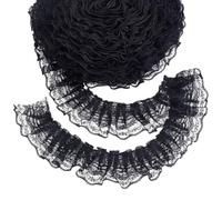 AHANDMAKER 10.94 Yards Black Ruffle Lace Trim 1.8" Wide Double Layer Pleated Lace Ribbon Tulle Trimmings Fabric Ribbon Gorgeous Elastic Ruffle Trim for Bridal Wedding Decoration DIY Sewing Crafts