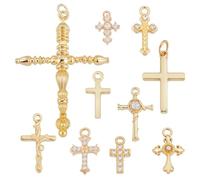 AHANDMAKER 10 Pcs Antique Style Brass Crucifixe Charms Clear Golden Prayer Pendants 10 Styles Mixed Baroque Crucifixes Dangle Pendants Micro Pave Cubic Zirconia Beads for DIY Jewelry Making