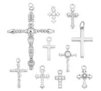 AHANDMAKER 10 Pcs Antique Style Brass Crucifixe Charms Clear Platinum Prayer Pendants 10 Styles Mixed Baroque Crucifixes Dangle Pendants Micro Pave Cubic Zirconia Beads for DIY Jewelry Making