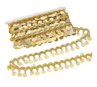 AHANDMAKER 10 Yards Gold Coin Shape Sequin Tassel Trim, 1.42 Inch Width Sequins Fringe Lace Trim, Belly Dance Tassel Trim Hip Scarf for DIY Sewing Clothing Lampshade Curtain Home Decoration