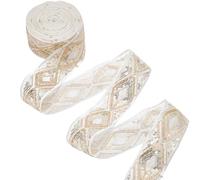 AHANDMAKER 10 Yards Polyester Embroidered Ribbon 2in Wide Boho Rhombus Lace Trim Ribbon with Sequins for Sewing Making Crafts Clothes Christmas Embellishment Decor, White and Gold