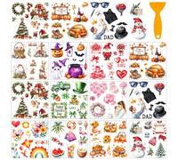 AHANDMAKER 12 Sheets All Holiday Rub On Transfer Stickers with Scraper, Christmas Halloween Winter Stickers for Bookstore, Study Room, Nursery School, Window Decoration, 5.5x5.5