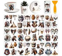 AHANDMAKER 12 Sheets American Indian Rub on Transfer Stickers, Colorful Feathers Vase Home Decals Indian Rub on Decal Stickers for Window Paper Wood Home Office Decor, 5.5x5.5 Inches