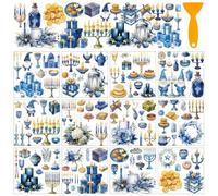 AHANDMAKER 12 Sheets Chanukah Rub on Transfer for Crafts Hanukkah Rub on Transfer Stickers Blue Menorah Star Rub on Decal Stickers for Wood Furniture DIY Crafts Decor, 5.5 x 5.5 Inches