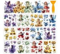 AHANDMAKER 12 Sheets Flower Fairy Rub on Transfer Stickers, Colorful Flower Butterfly Mushroom Transfer Sheets for Crafts Furniture Hard Surfaces Window Home Office Decor, 5.5x5.5 Inches