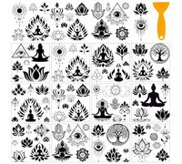 AHANDMAKER 12 Sheets Rub On Transfer Stickers with Scraper, Spiritual & Meditation Design Stickers with Lotus Flowers, Meditating Figures for Bookstore, Study Room, Window Decoration, 5.5x5.5