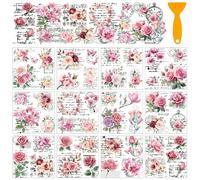 AHANDMAKER 12 Sheets Rub On Transfer Stickers with Scraper, Vintage Floral Stickers with Pink Flowers, Butterflies for Bookstore, Study Room, Nursery School, Window Decoration, 5.5x5.5